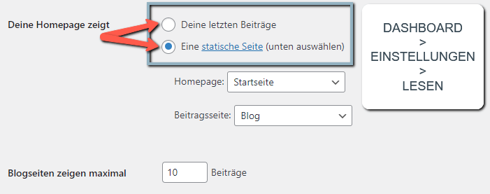 WordPress Einstellung: Blog oder statische Seite als Startseite